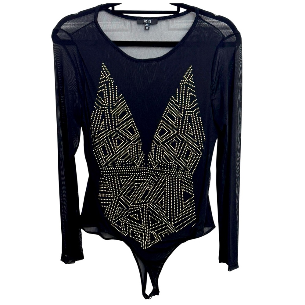 Iris Women’s Black Mesh Bodysuit with Gold Accents Size 1X *2137
